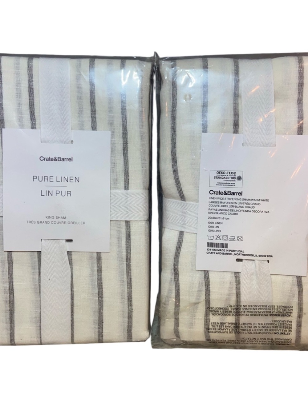 Crate&Barrel Pure Linen King Sham - White with Gray Stripes